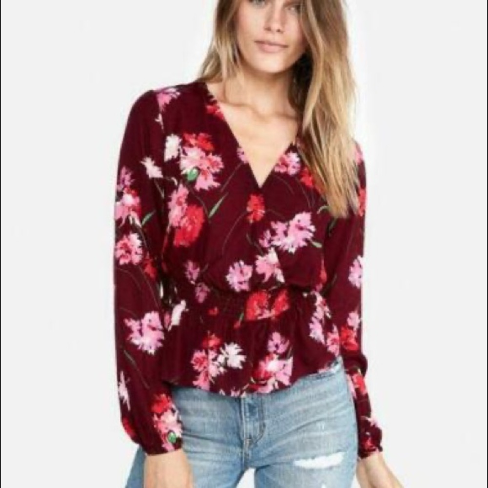 Express Maroon Floral Smocked Waist Surplice Blouse